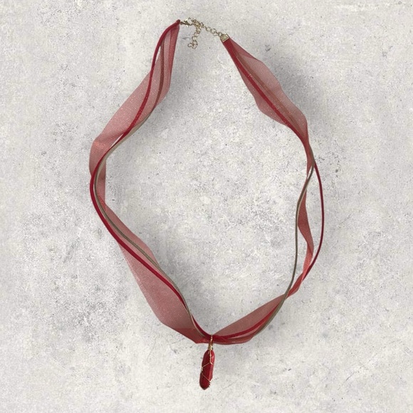 Red Ribbon and Vegan Leather with Howlite Pendant Necklace - Picture 4 of 5